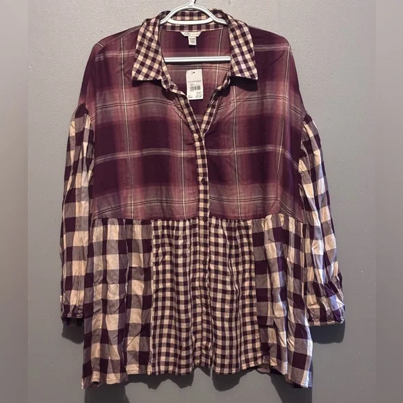 NWT Plaid Cato Baby Doll Drop Sleeve Blouse - Picture 1 of 9